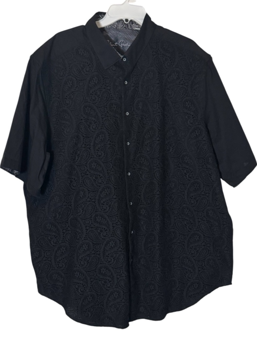 Robert Graham Black Short-Sleeve Button-Down with Paisley Eyelet Mens Size 2XLT